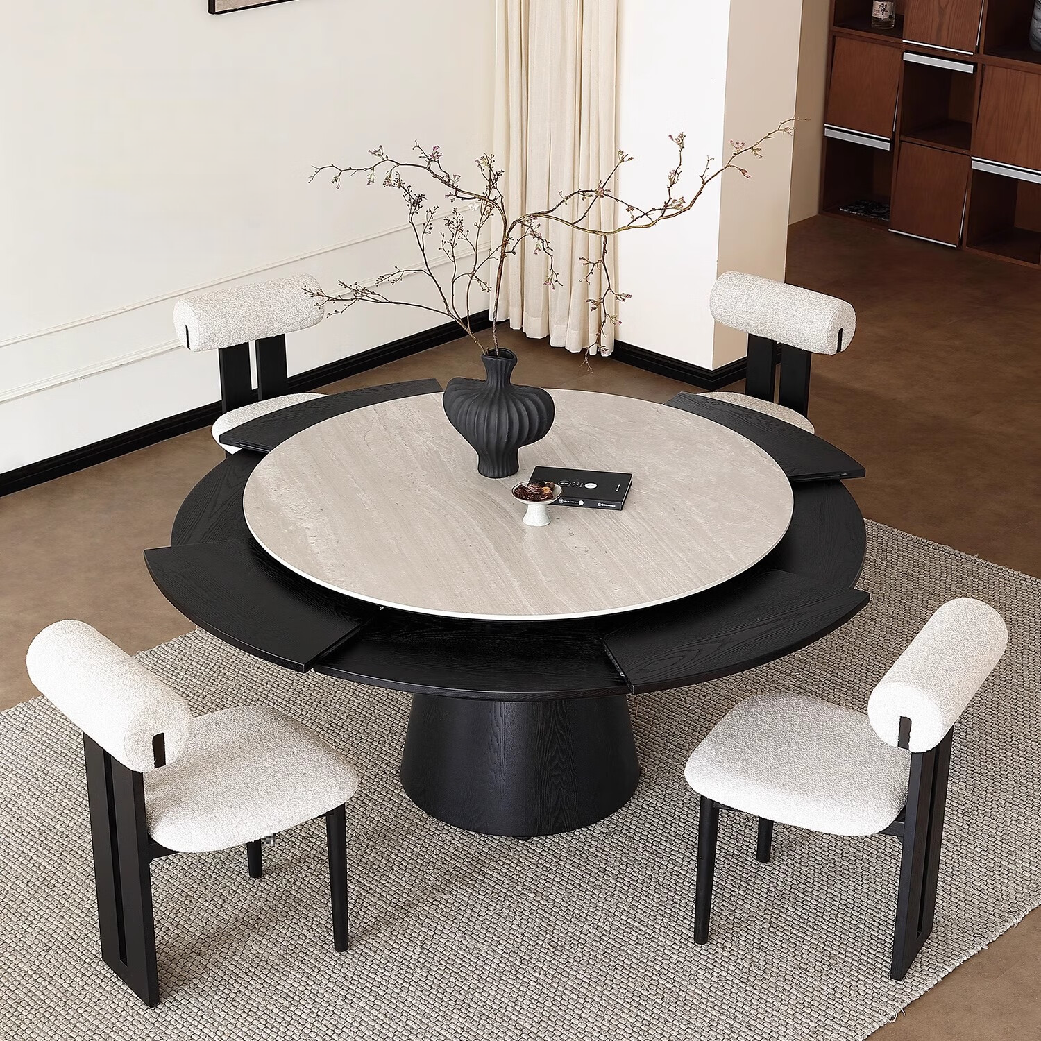 弗莱彻旋转伸缩洞石岩板圆形餐桌