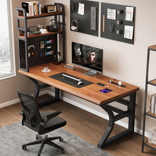 纯实木电脑桌家用台式学习桌橡胶木办公桌洞洞板书桌书架一体桌子