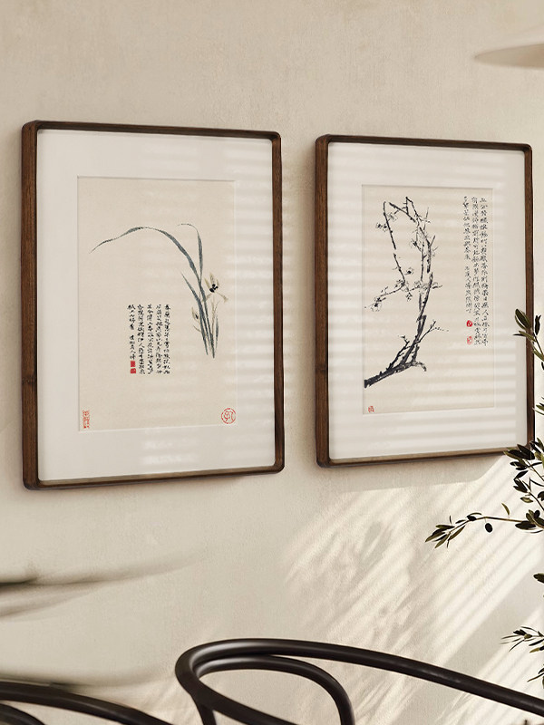 石涛花新中国风餐厅装修画客厅茶室入口挂画实木桌面装饰画框空框