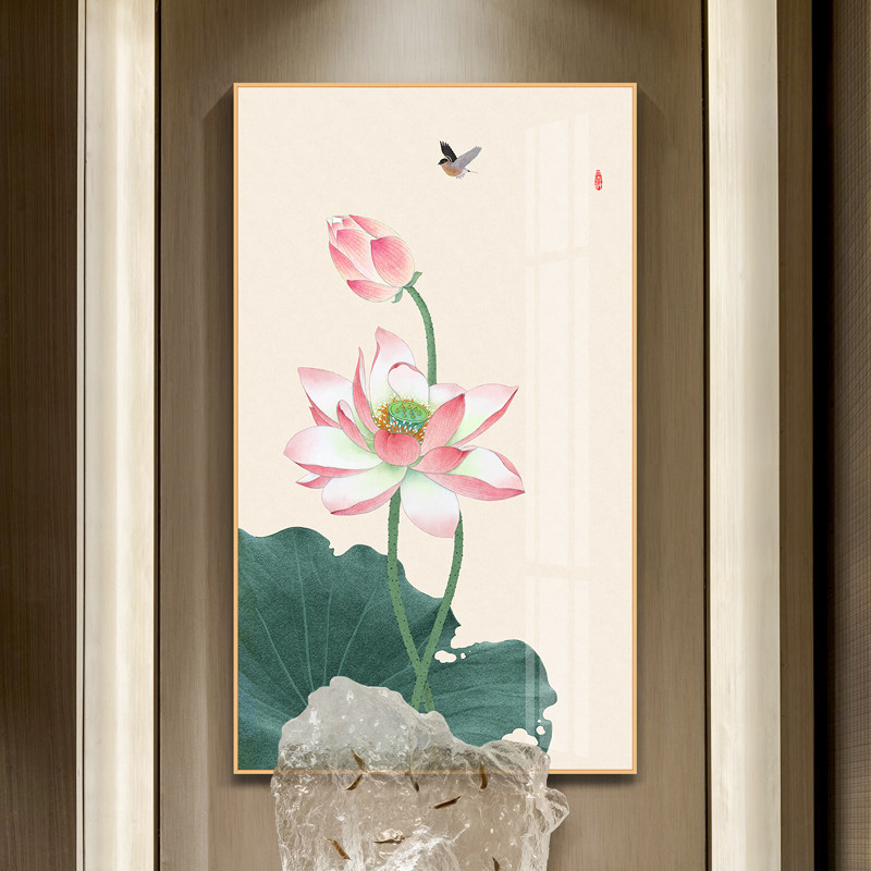 荷花装饰画新中式玄关挂画走廊过道竖版壁画中国风寓意好晶瓷画