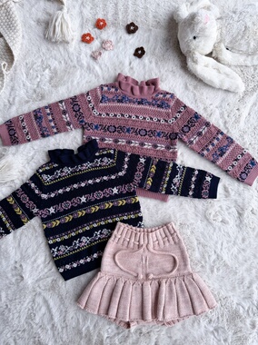 Millie Baby｜2025女童秋冬季花边复古长袖毛衣套头衫套装