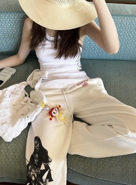 绝！「美式辣学」dead*y doll人像印花 侧面标语薄绒卫裤