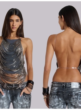 绝！「y3k xxx」jaded链条拼接网纱大露背吊带 going回头率