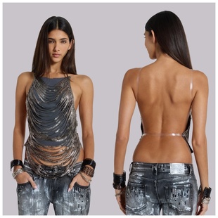 going回头率 xxx」jaded链条拼接网纱大露背吊带 绝 「y3k