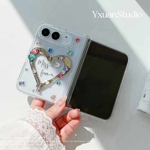亦轩原创高级感闪钻爱心支架手机壳适用iphone duo镶钻折叠屏透明壳苹果18Duo壳膜一体定制字母带挂绳手机链