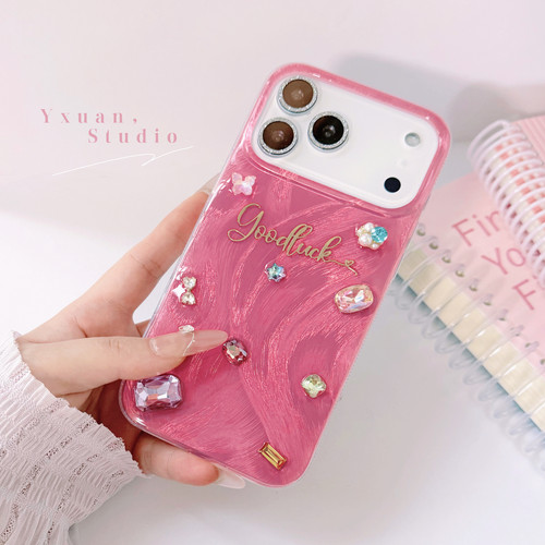 粉色羽纱带钻石定制名字手机壳