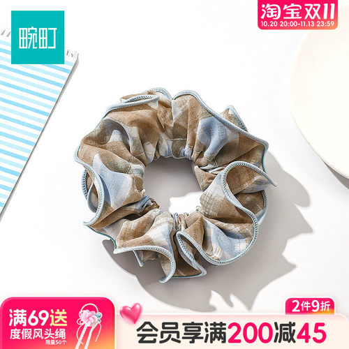 畹町蓝米褶皱发圈韩系复古大肠头花女高级感头绳扎头发发饰