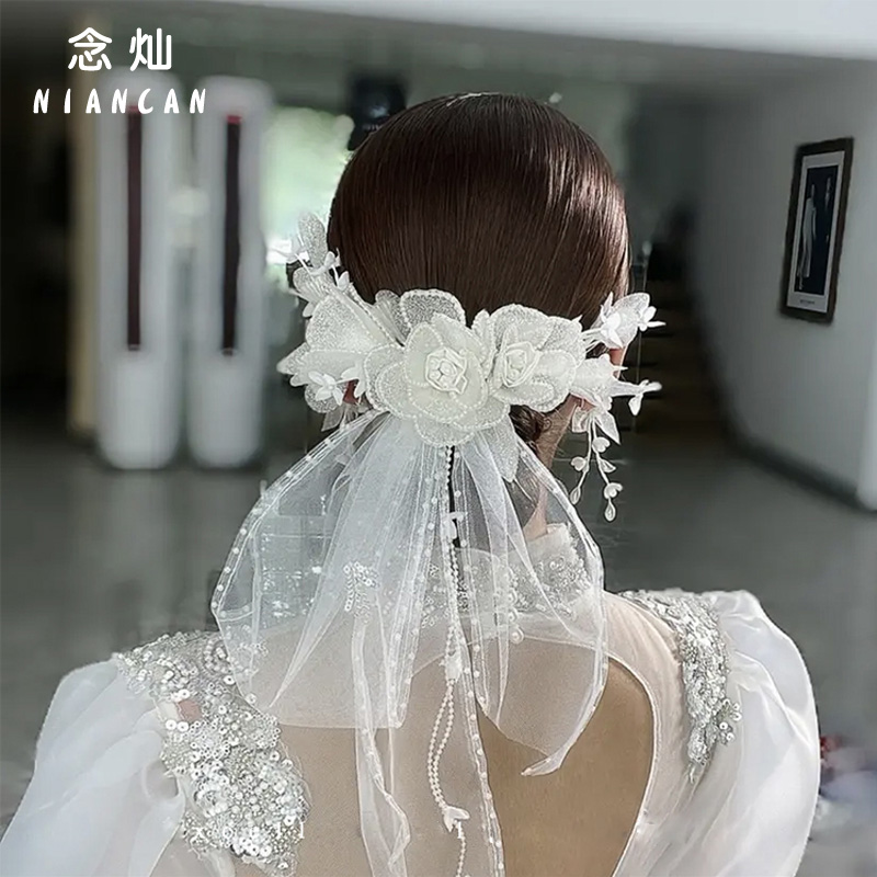 新娘网纱花朵发夹头饰