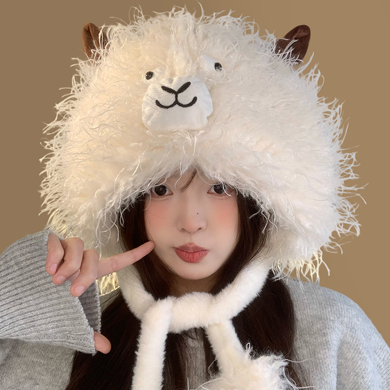可爱小羊角毛绒套头帽子女