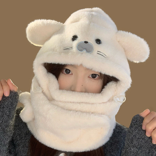 可爱小海豹毛绒帽子围脖一体女冬季加绒加厚保暖防寒护耳雷锋帽子