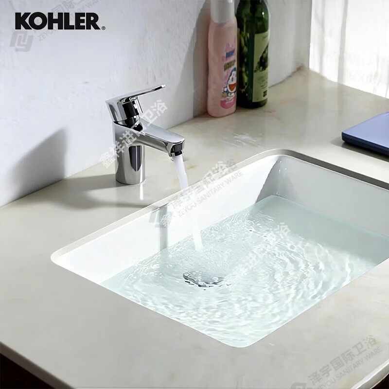 科勒(KOHLER)拉蒂纳方型台下盆脸盆陶瓷盆浴室台盆龙头+角阀1对