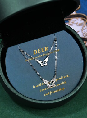 意大利设计师DEER纯银项链女 锁骨链 双层 叠带蝴蝶项链 生日礼物