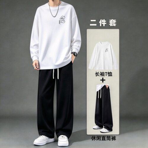 休闲运动套装男春秋季高街潮牌圆领字母跑步长袖一套搭配帅气上衣