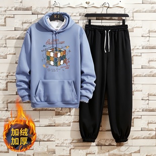 青少年加绒加厚连帽卫衣套装男装秋冬季新款初中学生潮流帅气保暖