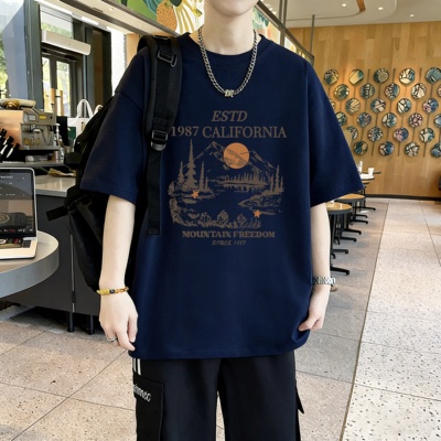 美式重磅男装短袖t恤男简约百搭印花ins潮牌潮流痞帅宽松T恤上衣