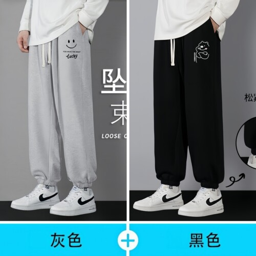 灰色裤子男款春秋季潮牌宽松阔腿运动束脚卫裤青少年抽绳休闲长裤