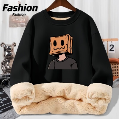 秋冬加绒加厚羊羔绒卫衣男士休闲圆领套头宽松保暖防寒外套打底衫