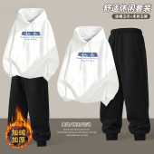 2025新款 青少年男装 帅气学生潮流套装 初中生加绒连帽卫衣男款 冬季