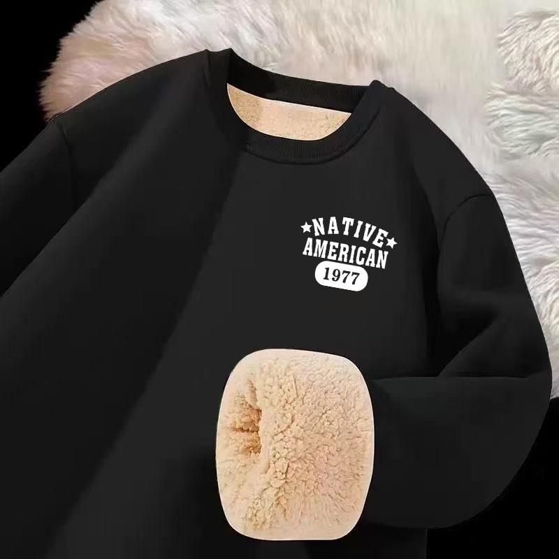 羊羔绒圆领卫衣男士冬季新款加绒加厚美式复古保暖抗寒打底衫上衣