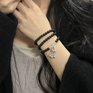 天然黑檀木搭配藏银小铃铛三圈手串女生显白 木质文玩佛珠手链