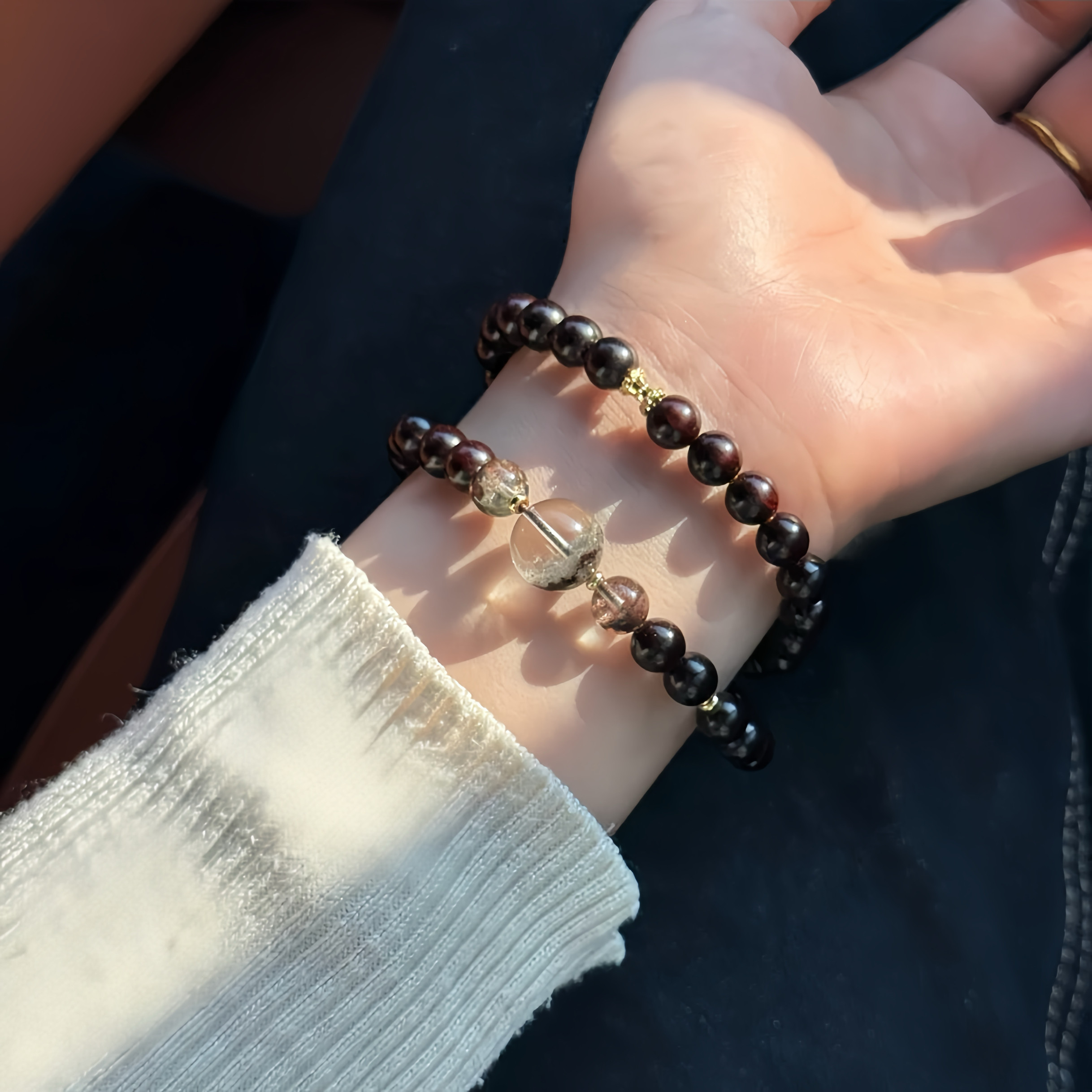 天然小叶紫檀搭配幽灵顶珠双圈女生手串木质文玩多圈叠戴手链手饰