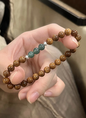 天然库克搭配蓝水单圈手串女生木质串珠文玩新中式饰品檀香手链