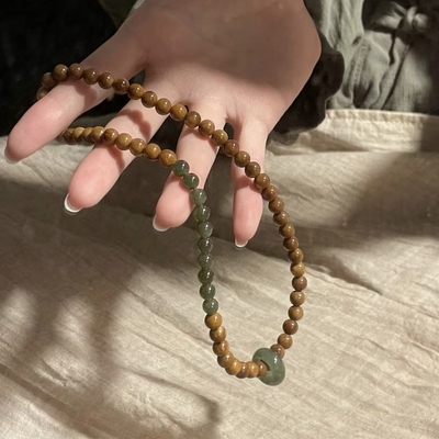 天然库克菩提搭配和田玉双圈手串女款新中式复古木质文玩佛珠手链