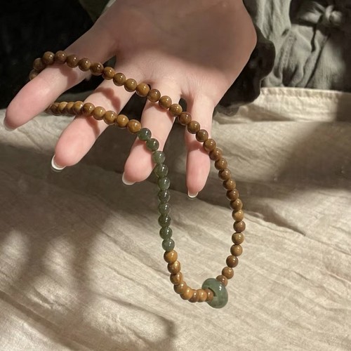 天然库克菩提搭配和田玉双圈手串女款新中式复古木质文玩佛珠手链