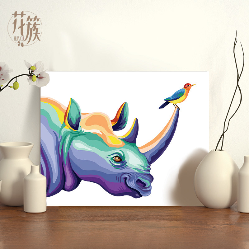 数字油画diy填充油彩画定制填色涂色解闷减压手工挂画动物犀牛