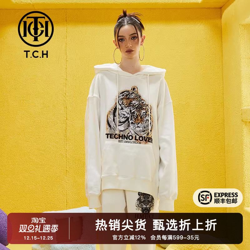 TCH潮牌卫衣连帽烫钻甜蜜双虎2025春夏新款上衣情侣款T69B128001