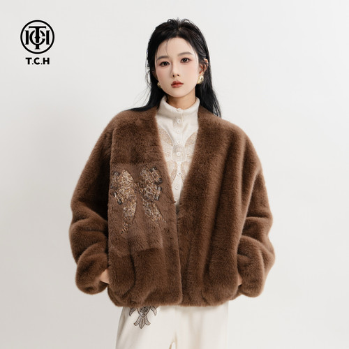 千金风V领小香风毛毛外套女