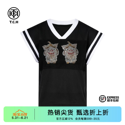 TCH烫钻时尚休闲显瘦气质T恤女秋季新款飞袖设计T75C10B1041