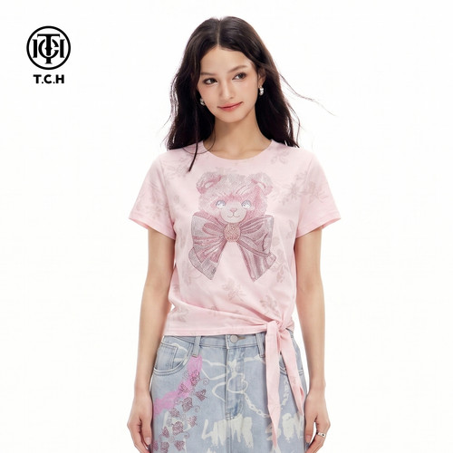 TCH【轻奢潮流】夏款时尚烫钻粉色休闲风女装T恤T78B10E1320