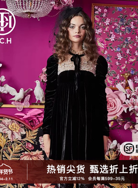 TCH潮牌手工网纱碎钻复古连衣裙2025春秋新款丝绒礼服T66A306103