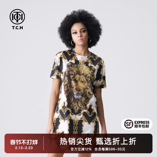 TCH潮牌2025秋夏新款烫钻满印老虎头圆领T恤连衣裙T72B306012