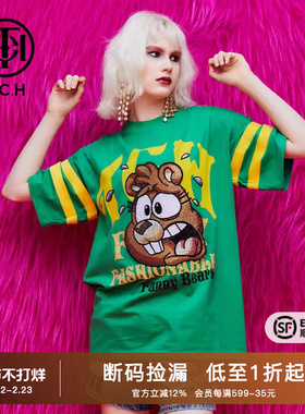 TCH潮牌T恤烫钻小松鼠字母2025秋夏新男女绿色短袖T69B106065