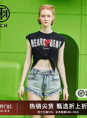 TCH潮牌T恤烫钻爱心字母秋夏新款女生黑色背心T69B106046