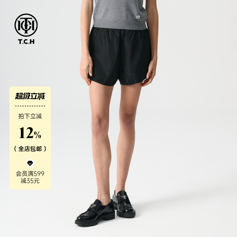 TCH时尚简约款小众舒适休闲裤女装个性显瘦黑色通勤宽松裤短裤