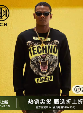 TCH潮牌卫衣男烫钻印花字母圆领套头秋季上衣T69B116018