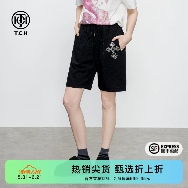 TCH烫钻满印设计感五分短裤夏季新款宽松弹力束腰休闲裤男女