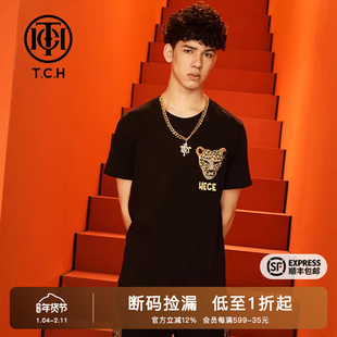 TCH潮牌短袖T恤烫钻豹子头黑色百搭商场同款T66C106092