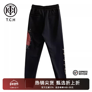 TCH潮牌烫钻字母印花休闲裤秋新款黑色束脚长裤子男女T21320C6015