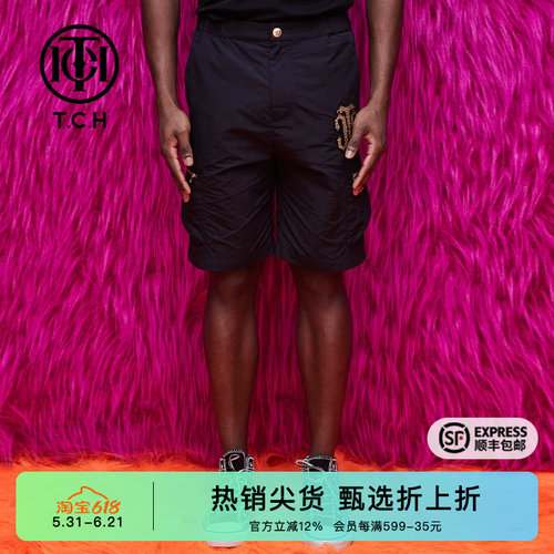 烫钻logo拉链口袋松紧显瘦短裤