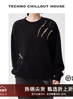 TCH2025春秋新款烫钻黑色卫衣男宽松休闲百搭圆领衫女T72C116007