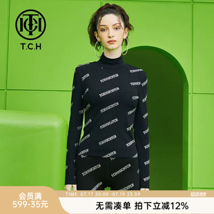 TCH潮牌打底衫烫钻满印字母春秋新女款黑色长袖T恤T69A026002