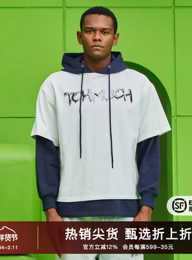 TCH时尚潮牌字母烫钻假两件拼接情侣白色连帽卫衣S69B126007