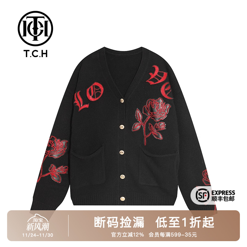 玫瑰花烫钻黑色针织开衫外套