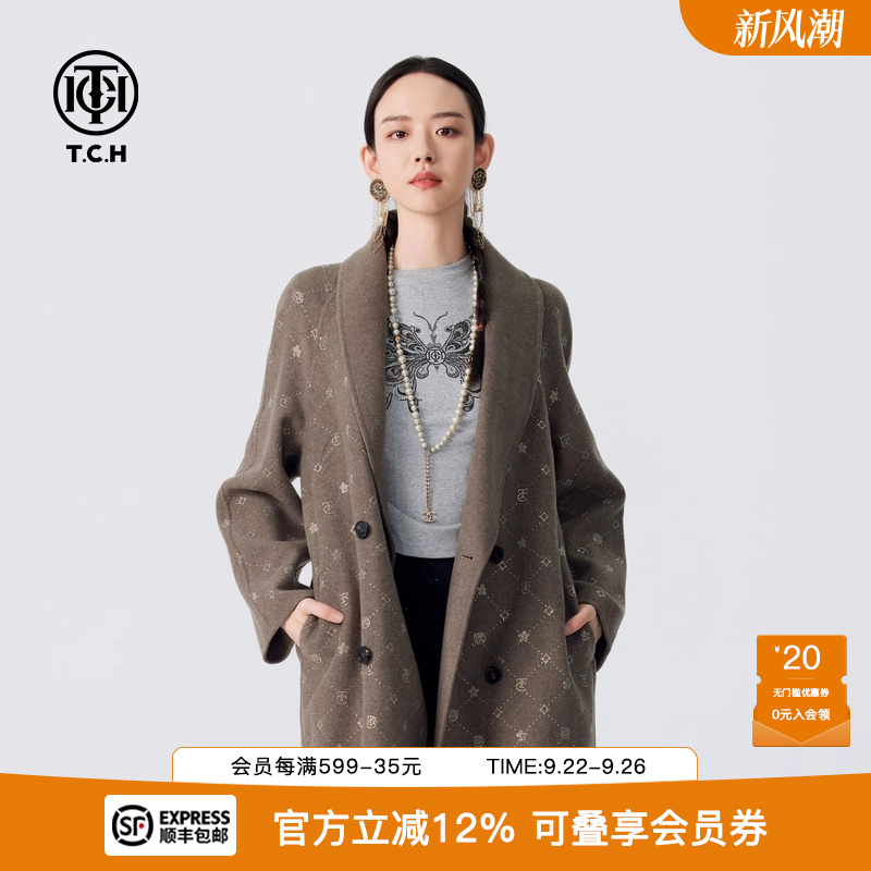 TCH烫钻LOGO简约气质毛呢大衣2024冬季新款山羊绒长款T72D286013