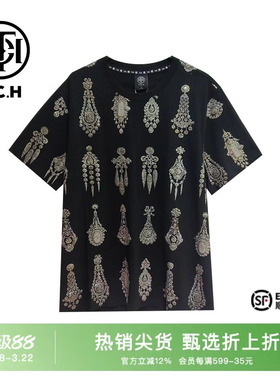 TCH2025夏季烫钻华丽耳钉满钻黑色T恤T72B10E6058
