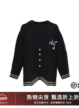 TCH冬季时尚潮牌翅膀字母刺绣烫钻黑色V领开衫T69D43E8010